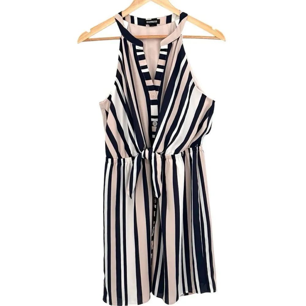 Express pink white and navy stripe dress with tie waist size medium